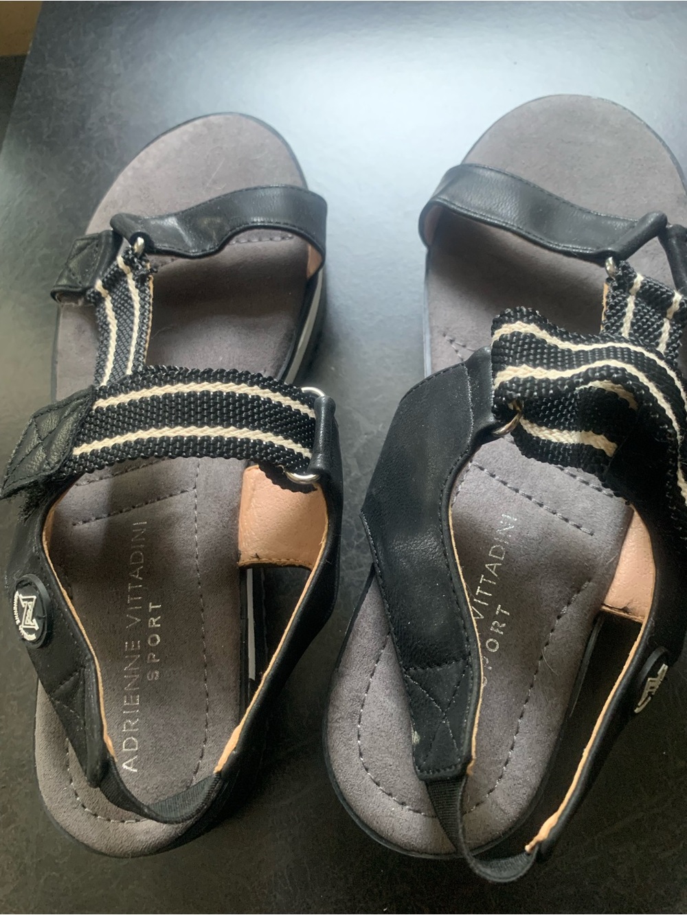 Adrienne Vittadini Black and Cream Striped Sport Sandals